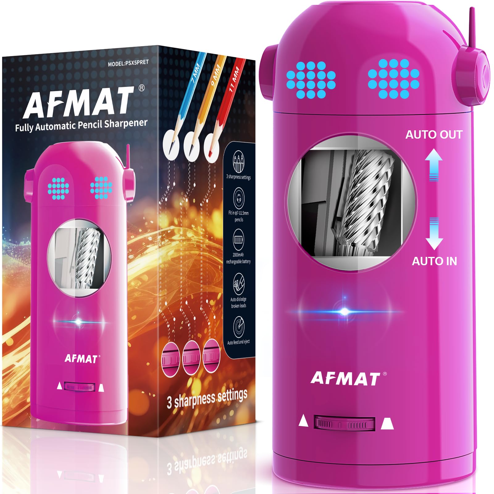 AFMAT Temperamatite Elettrico Automatico Con Contenitore | Ricaricabile USB | Adatto A Matite 7-11.5 Mm | 3 Punte Regolabili | Viola