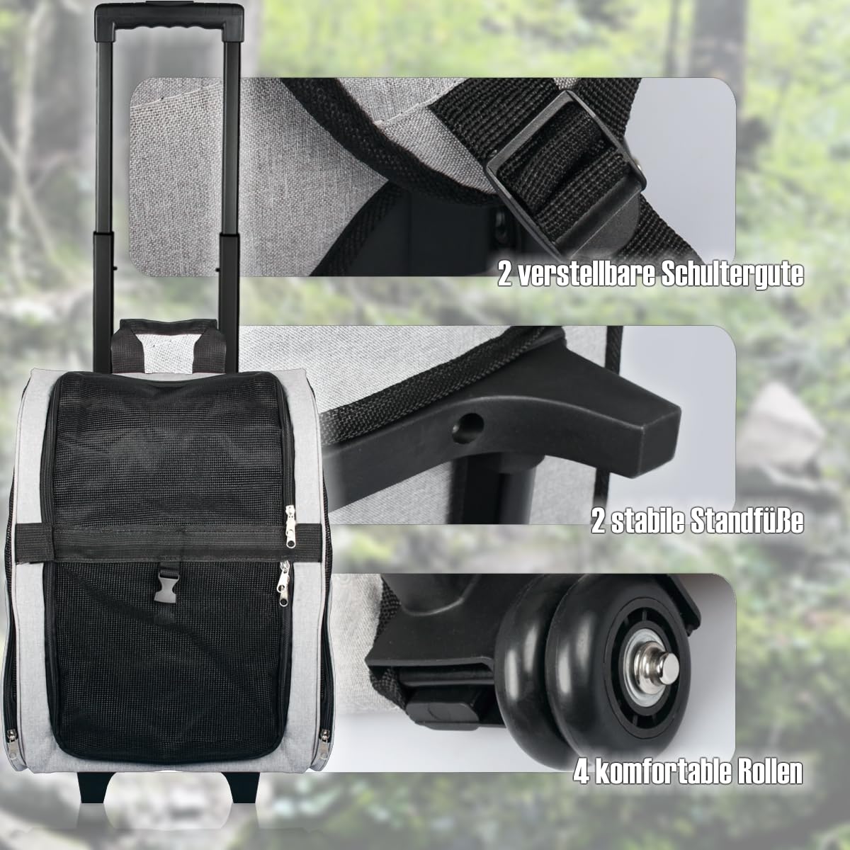 2IN1 Transporttasche mit Rollen bis 15kg Rucksack Trolley Hund Katze Hunderucksack Tasche (Melange-Grau)