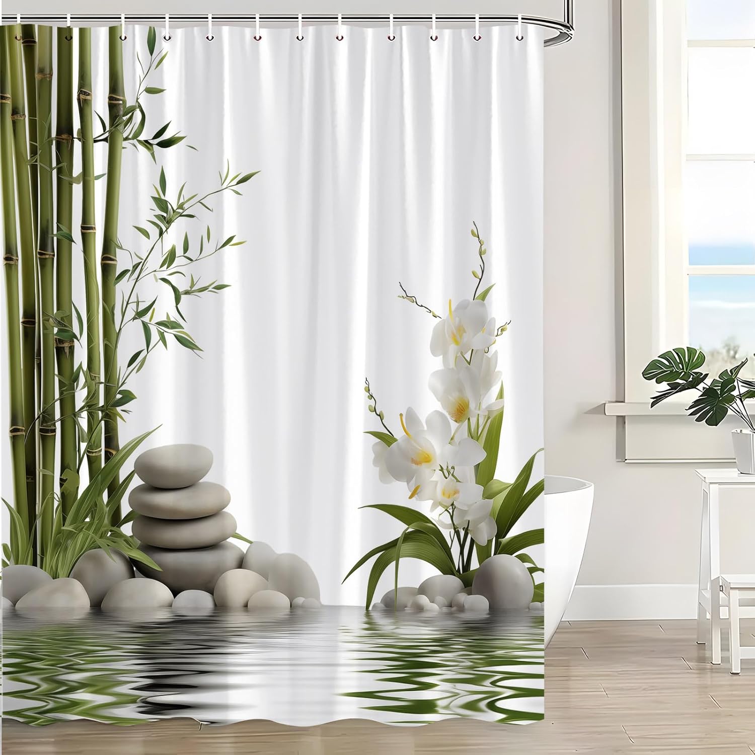 Stone Floral Shower Curtain White Flower Spa Water Green Leaves Spring Garden Scenery Meditation Asian Style Massage Relax Plant Bath Curtain with Hooks