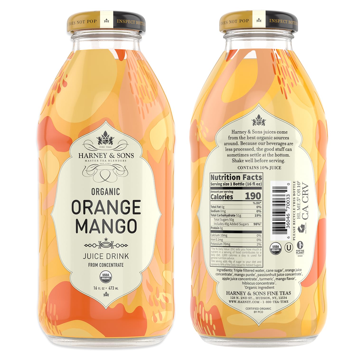 Harney & Sons Organic Orange Mango Juice Drink, Glass Bottles, 16 Fl Oz (Pack of 12)