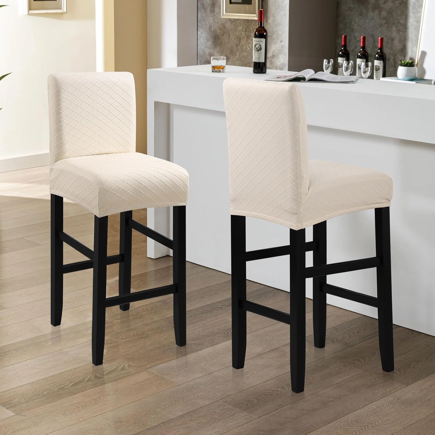 Waterproof Bar Stool Covers 4 PCS, Stretch Chair Slipcover for Pub Tall Chair with Backs Counter Barstool Cover Removable Washable (Beige)