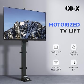 CO-Z Motorized TV Lift for 32 to 57 TVs up to 165lb & 400x400 VESA, Height Adjustable TV Stand & Wall Mount with Remote Control 30 Tilt 120 Swivel, Automatic TV Lift for Home Office