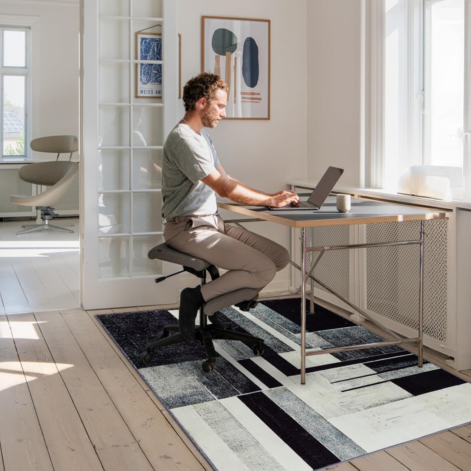 Office Chair Mat, Gsmmatwin 48" x 60" (4mm) Black and White Modern Chair Mat, Anti-Slip Under Desk Chair Carpet for Hardwood Floor, Foldable and Machine Washable Under Desk Rug for Office Home