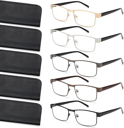Gafas de lectura para hombre, bloqueo de luz azul, para lectores de metal, antifatiga ocular, migraña, anteojos para computadora, paquete de 5