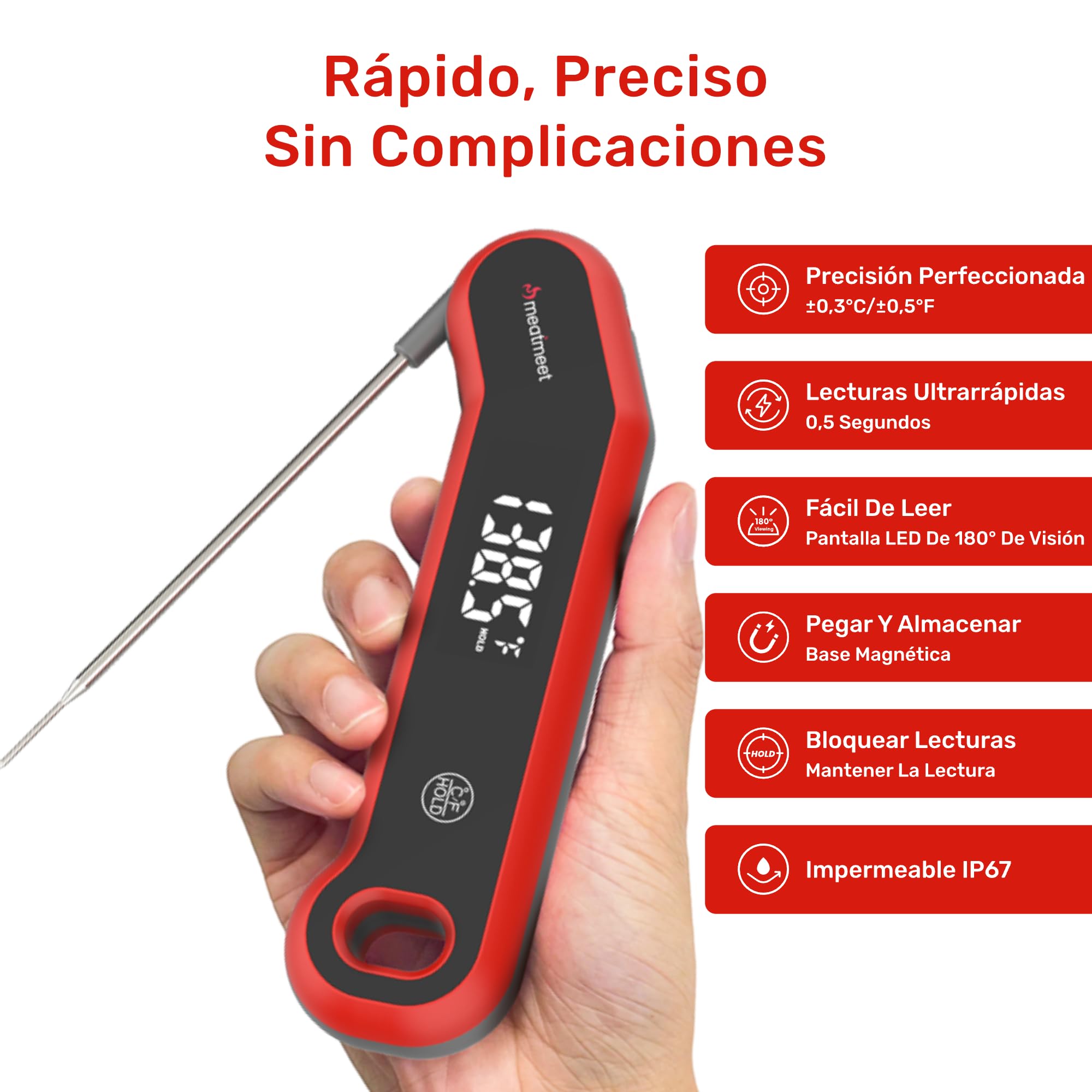 S1 Termometro Cocina Digital de Lectura Instantánea de 0,5s, precisión ± 0,3 °C, Equipado con rotación de pantalla LED giratoria, activación por movimiento y apagado automático