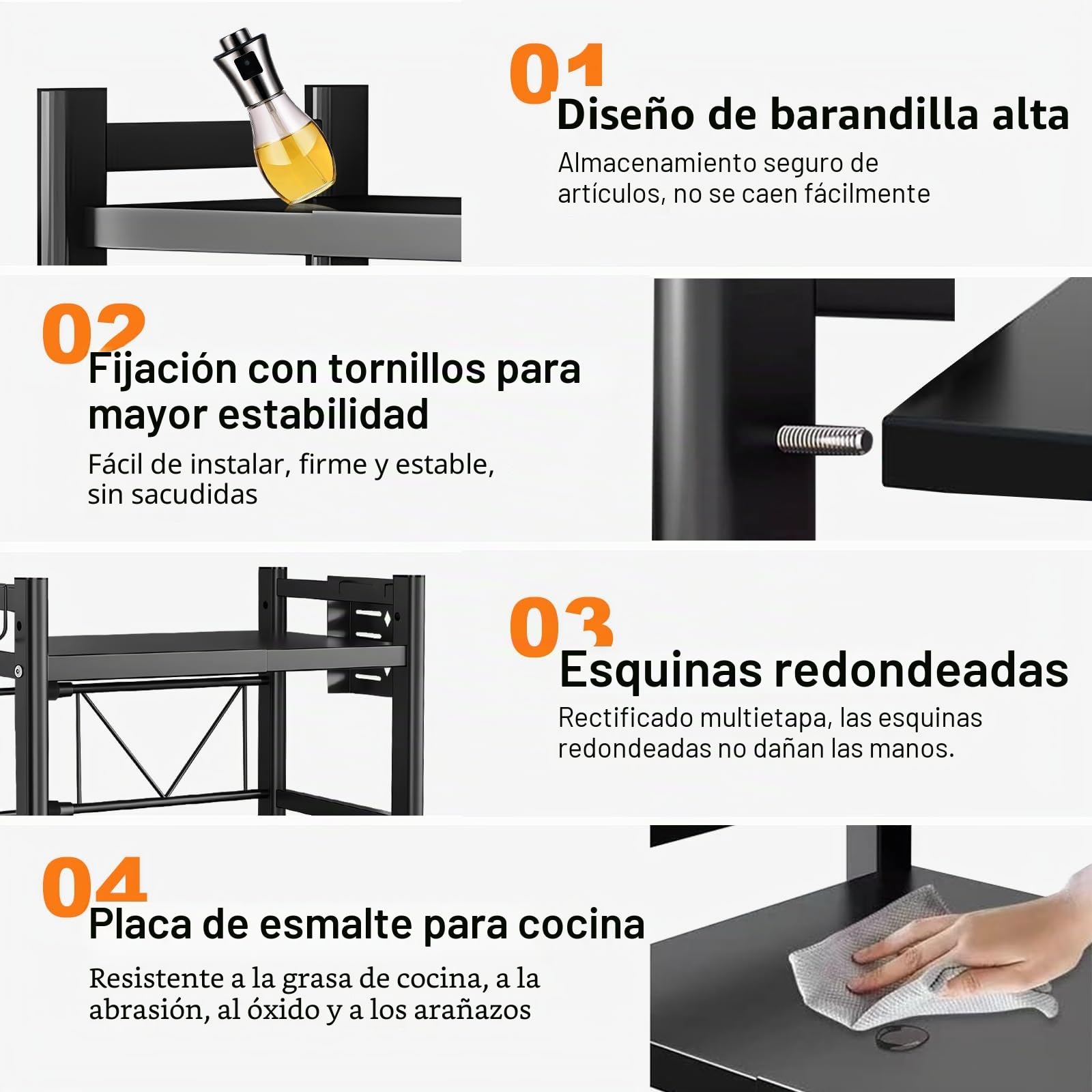 Estante Extensible para Microondas con Ganchos, Reposacuchillos, Portapalillos y Soporte para Tablas de Cortar - Estante Expandible de 3 Niveles para Almacenamiento en Cocina y Hogar