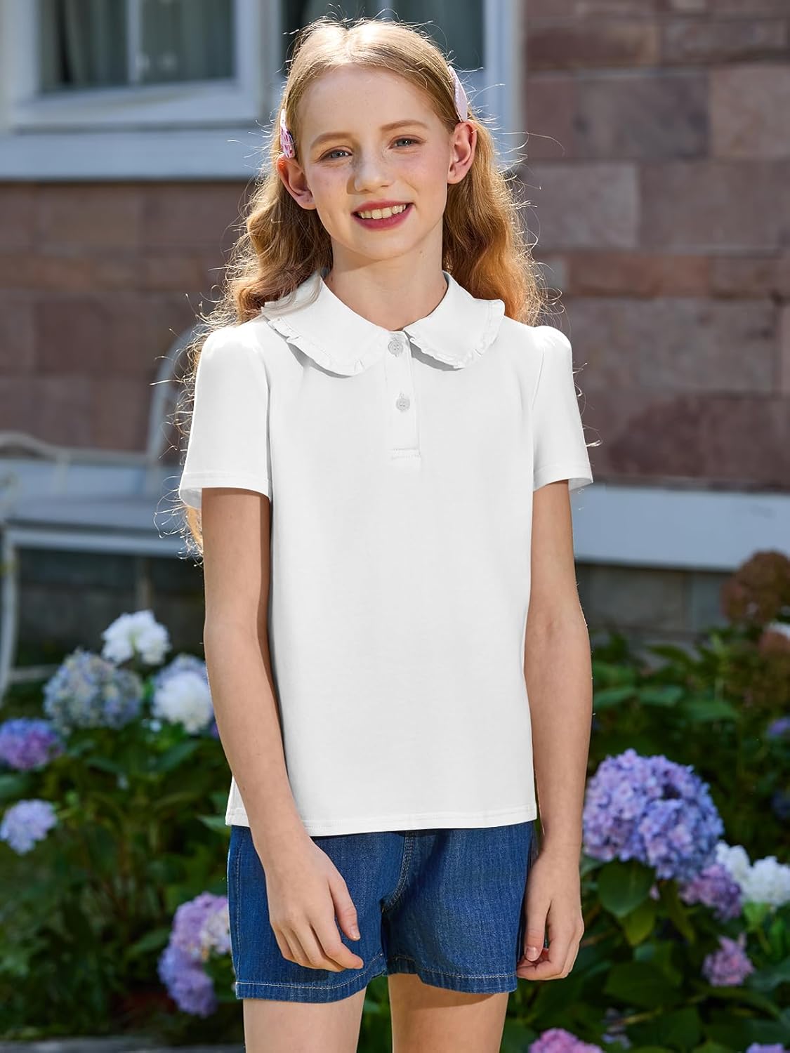 Haloumoning Girls Short Sleeve Polo Shirt Kids Cute Ruffle Peter Pan Collar School Uniform Shirts Tops 5-14 Years - Image 3