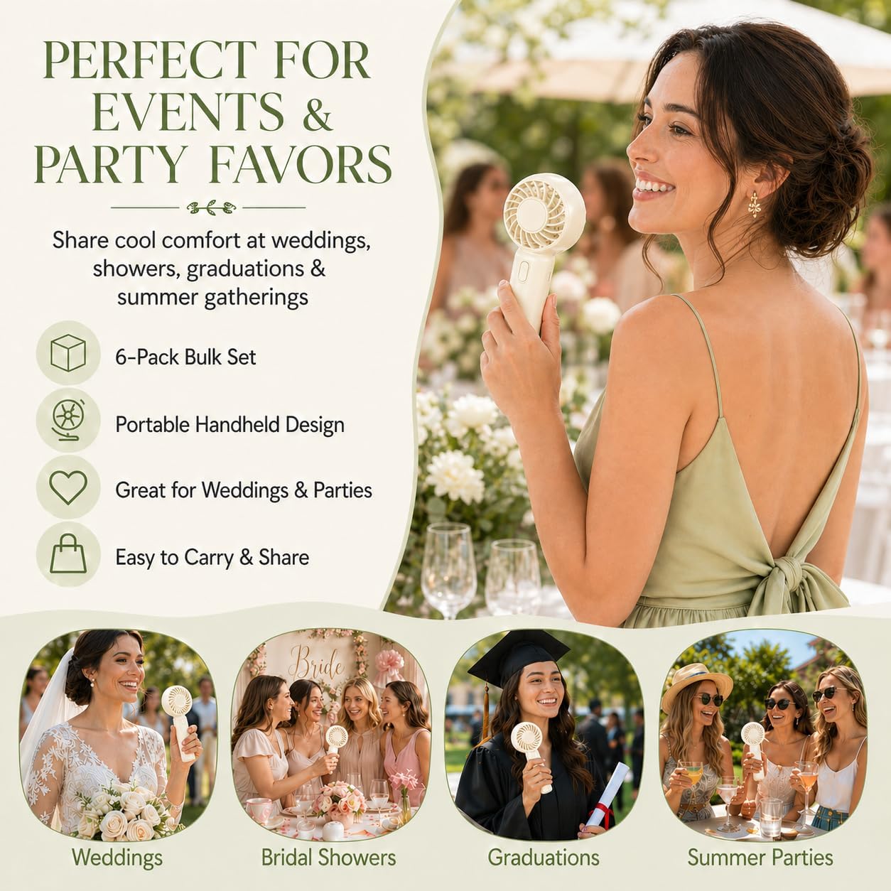 6 Pack, Ivory Mini Handheld Fans Bulk - USB/Battery Powered Portable Fan with 3 Speeds, Wholesale Cooling Essentials for Weddings, Summer & Party Favors