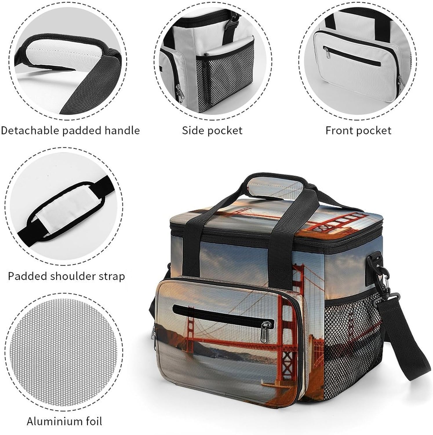 Golden Gate Bridge Cooler Bag Portable Insulated Lunch Bags Leakproof Ice Chest Large Capacity Soft Cooler Tote for Picnic Camping Work Travel Keep Food Drinks Fresh 22.5L