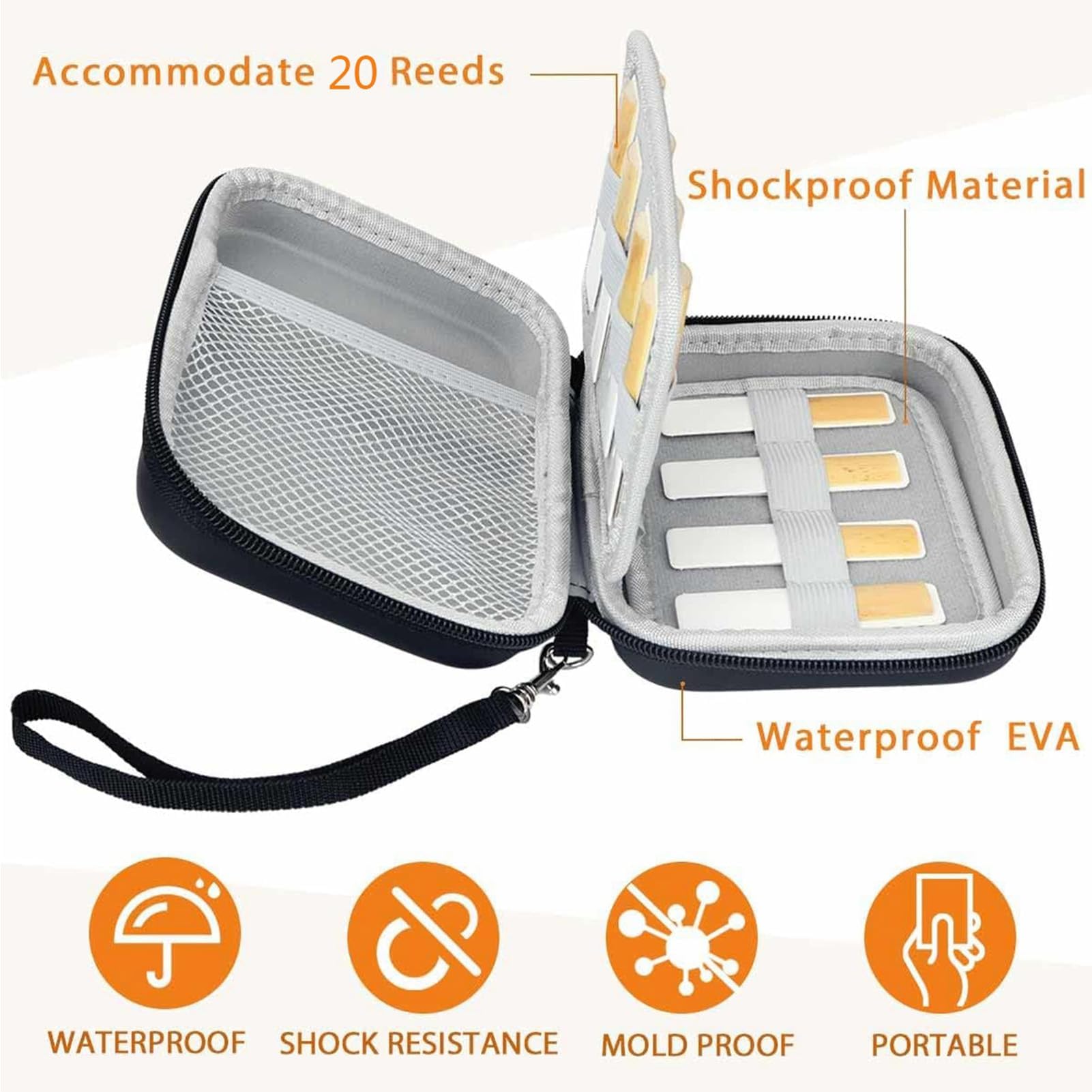 Étui de Transport D'anches étanche, étui Vitaliseur D'anches, capacité de 20 Pièces, Boîte de Rangement D'anches EVA pour Saxophone Clarinette (BLACK)