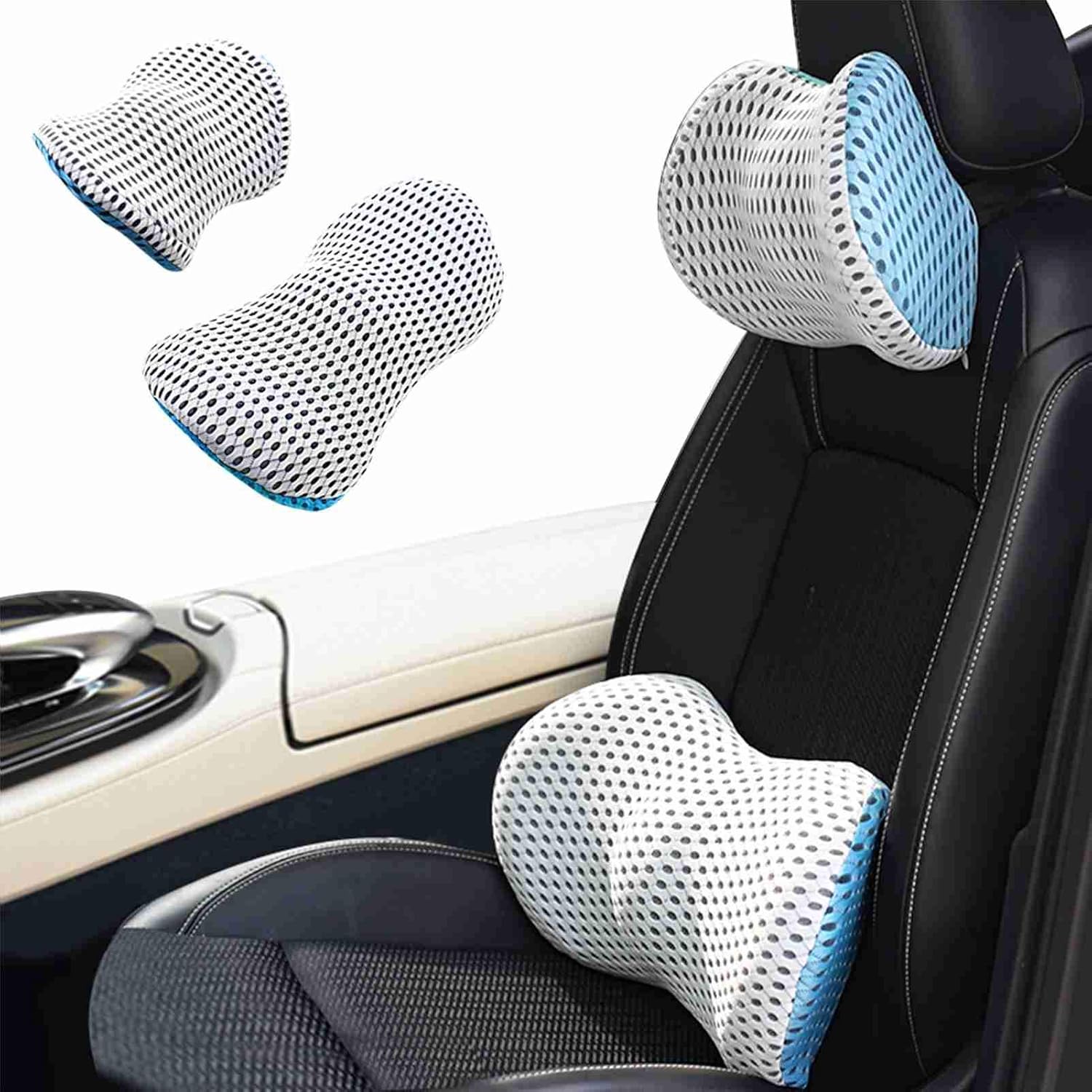 Amazon 車用ネックパッド 腰クッション ２点セット 低反発クッション 車用腰枕 首枕 ネックピロー 腰痛対策 頚椎サポート背中腰楽 健康 クッション 通気抜群柔らかい 取付バンド 調節可能 カバー洗える ドライブ 旅行 運転席 レイクブルー M ネックパッド
