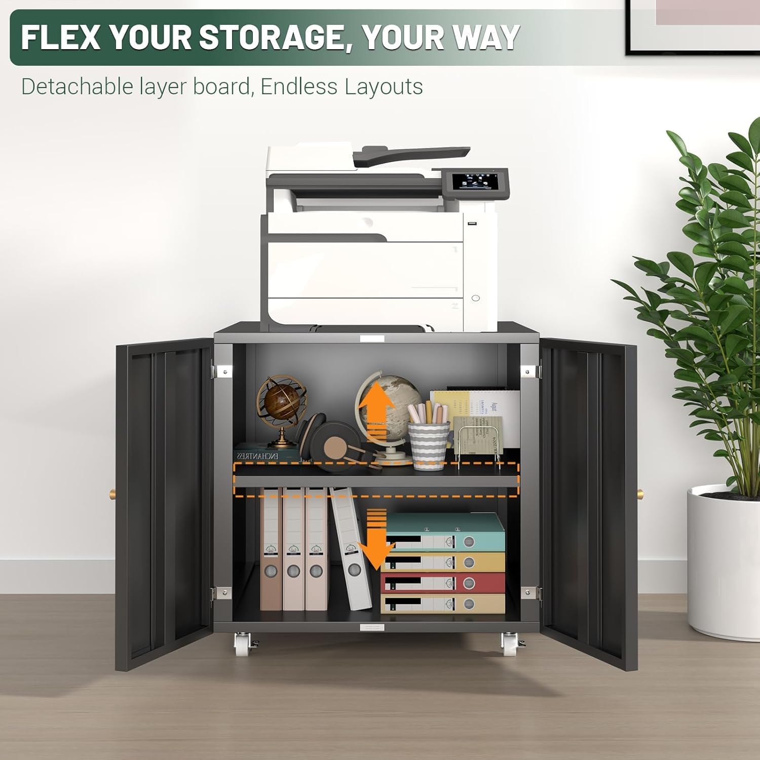 Printer Stand with Storage Cabinet with Wheels,3D Heavy Duty Metal Large Printer Table with Adjustable Shelf for Home Office, Mobile Printer Cart,Black,23.6" H