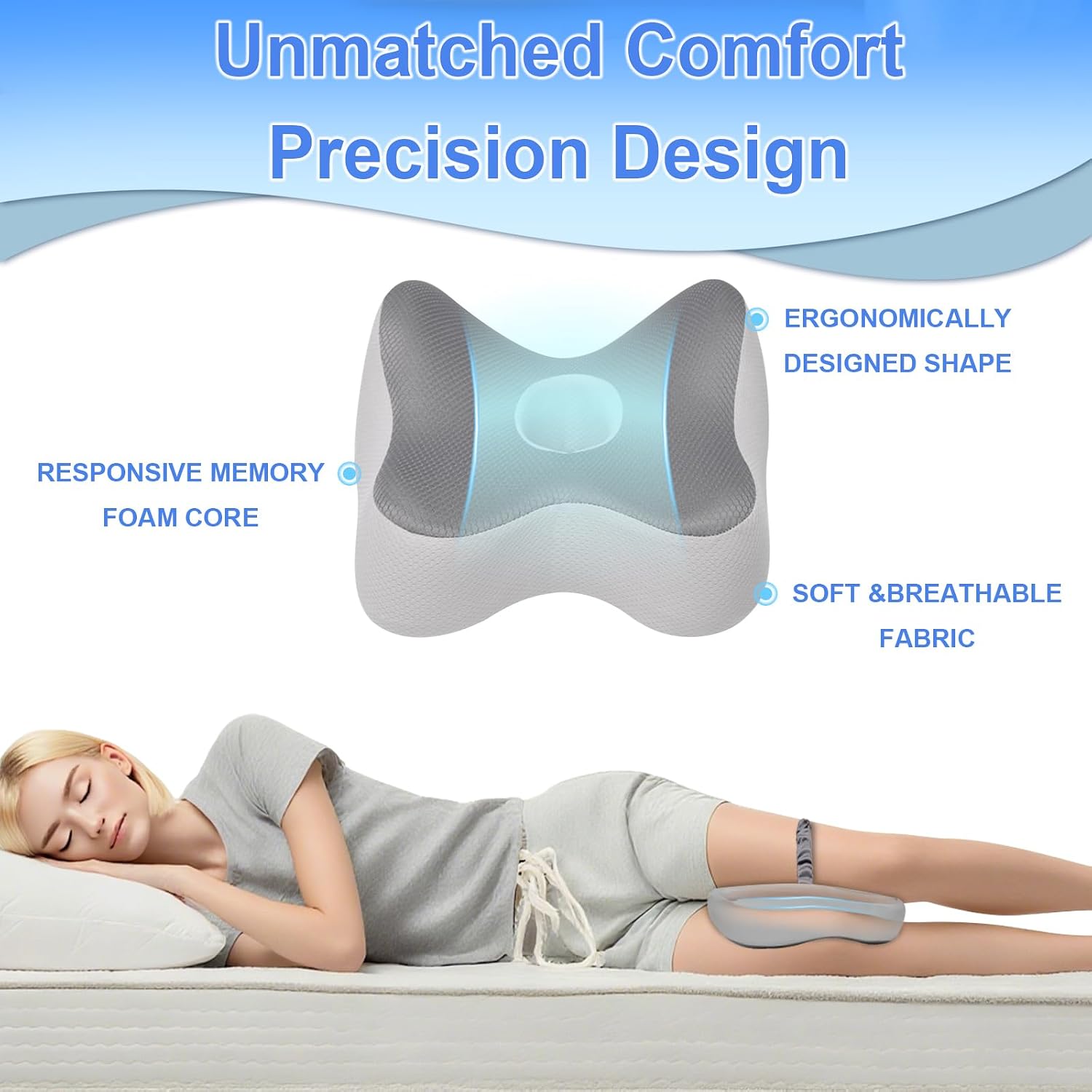 Knee Pillow for Side Sleepers Memory Foam Sciatica Pain Relief Leg Pillow, Removable Breathable Cover & Elastic Strap Grey