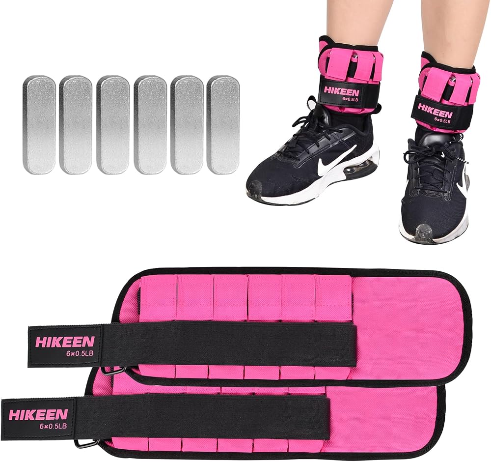 Hikeen Ankle Weights for Women Men 1 pair Adjustable Ankle Weights 1 2 3 LBS Metal Block with Separate Pockets Leg and Hand Weights For Walking Running Exercises