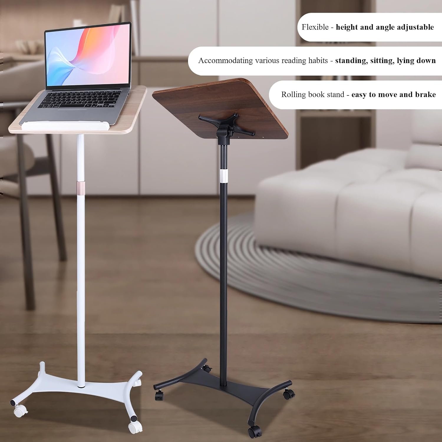 Rolling Book Stand with Wheels, Height Adjustable Floor Reading Stand for Books, 360° Swivel Tilt Wood Panel Music Stand, Hands-Free Telescoping Book Stand 19-57 in Tall