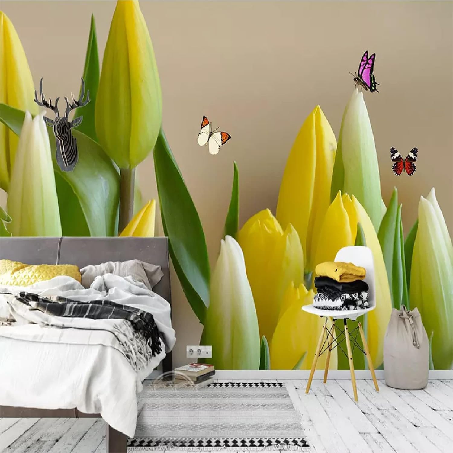 Yellow Tulip Wall Mural Large Wallpaper, Colorful Butterflies Removable Wall Sticker, Modern Large Sticker for Living Room Bedroom Office Kids Room Wall Deco,169"W x 110"H