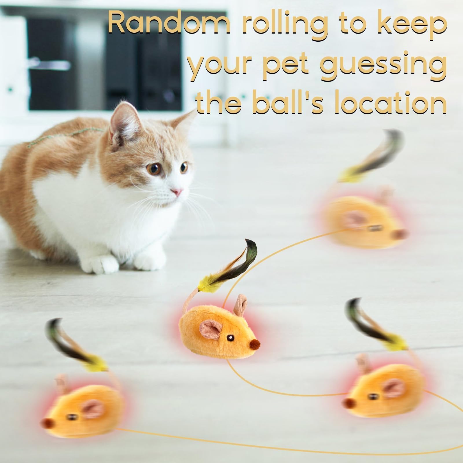 TaimeiMao Ratón de Juguete Eléctrico, Ratón de Simulación Peluche con Cola Emplumada, Juguetes para Gatos Interactivos con Cable USB, Amarillo