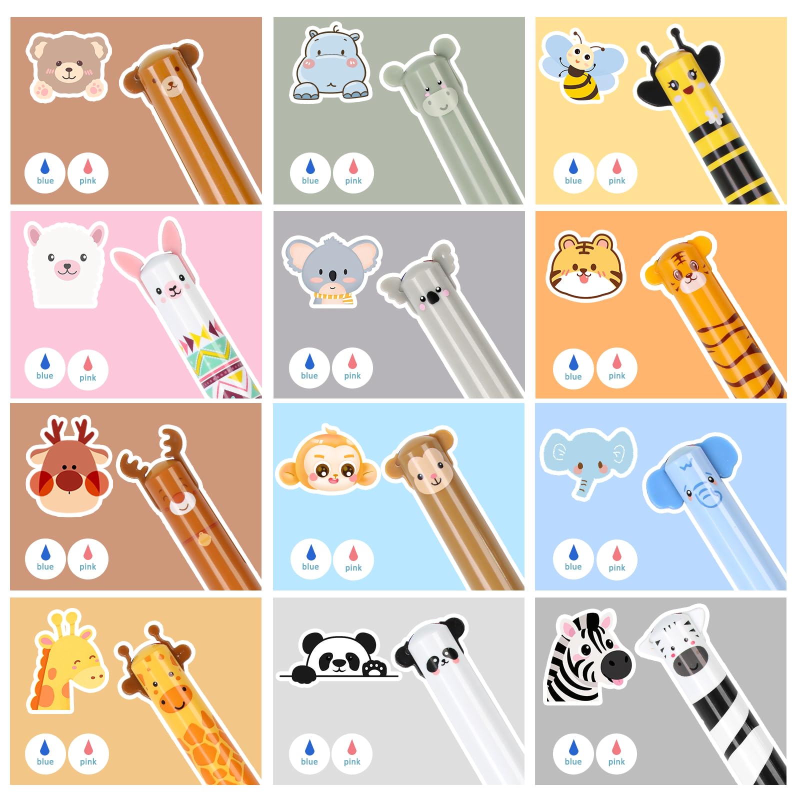 Set di 12 penne gel cancellabili con motivo testa di animale, penne cancellabili bicolore da 0,7 mm, cancellabili per scuola, ufficio, studenti, cancellabili con gomma
