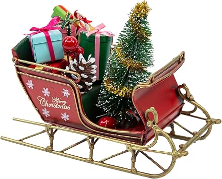 Santa Sleigh Christmas Table Decor with Gifts, Red Centerpiece