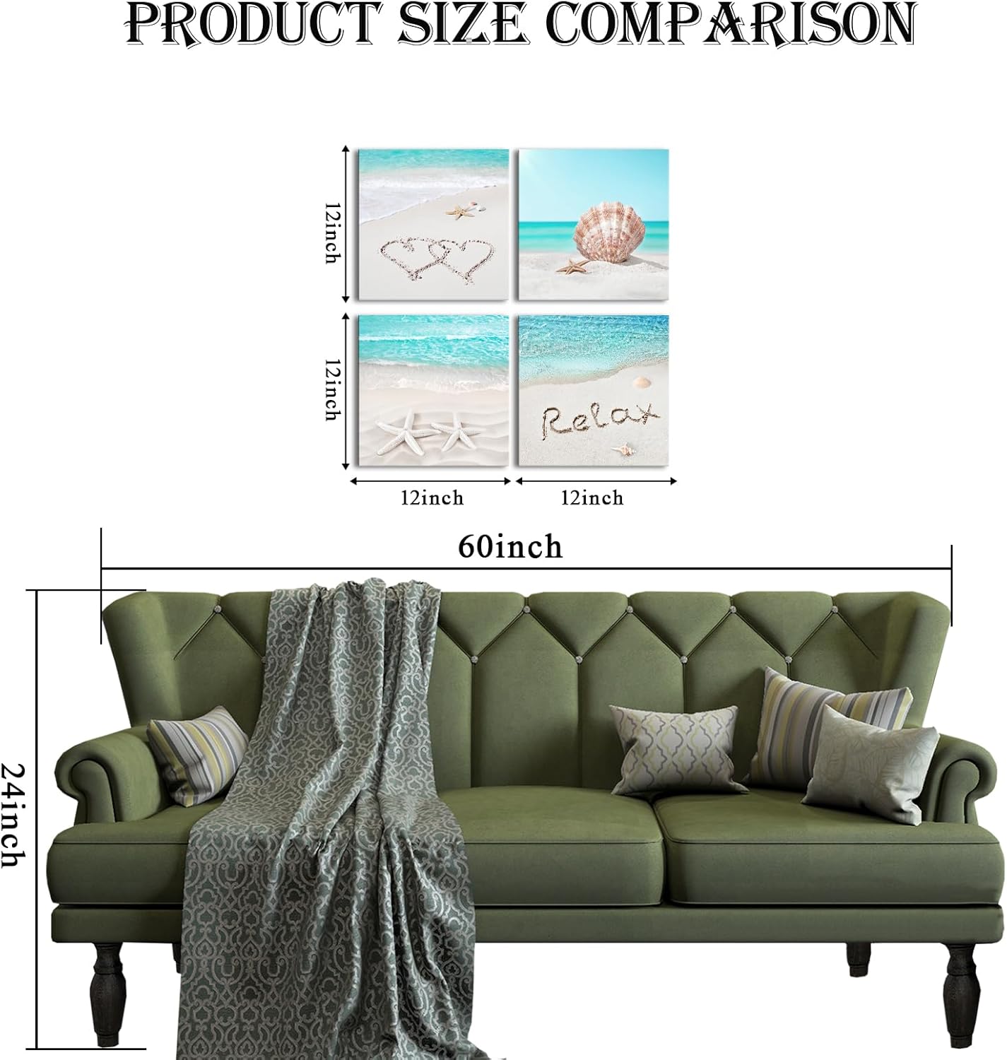 VANSEEING 4 Pieces Coastal Wall Art Canvas Prints Beach Shell Starfish Sea Pictures Relax Love Heart Modern Artwork Teal Bathroom Decor Kitchen Living Room Wall Decor 12"x12"x4