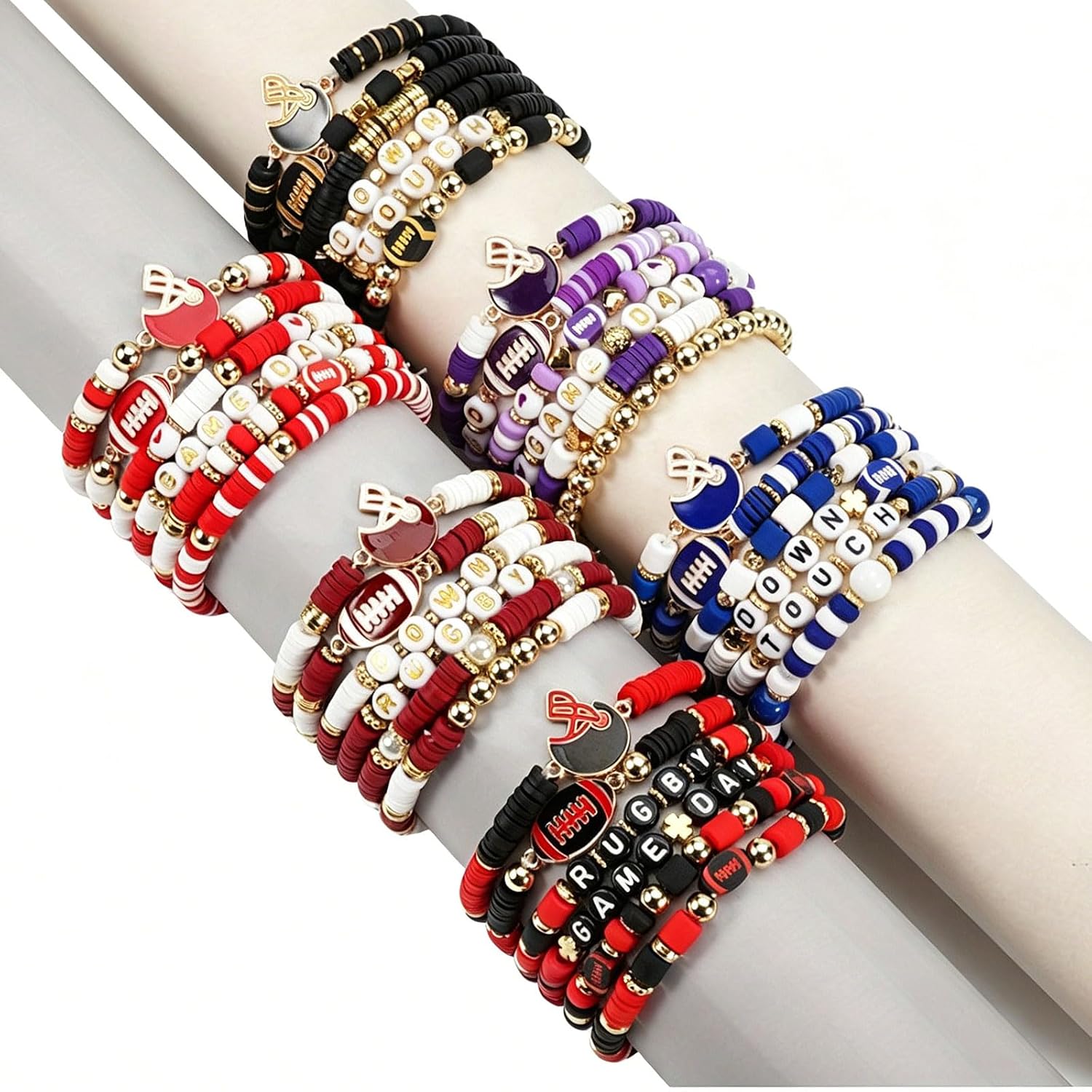 Game Day Football Bracelet: Stackable Bracelets for Women, 6 Pack (Red, Black, Red-Black, Brown, Blue, Purple) Perfect for Football Fans, Moms and Dads.