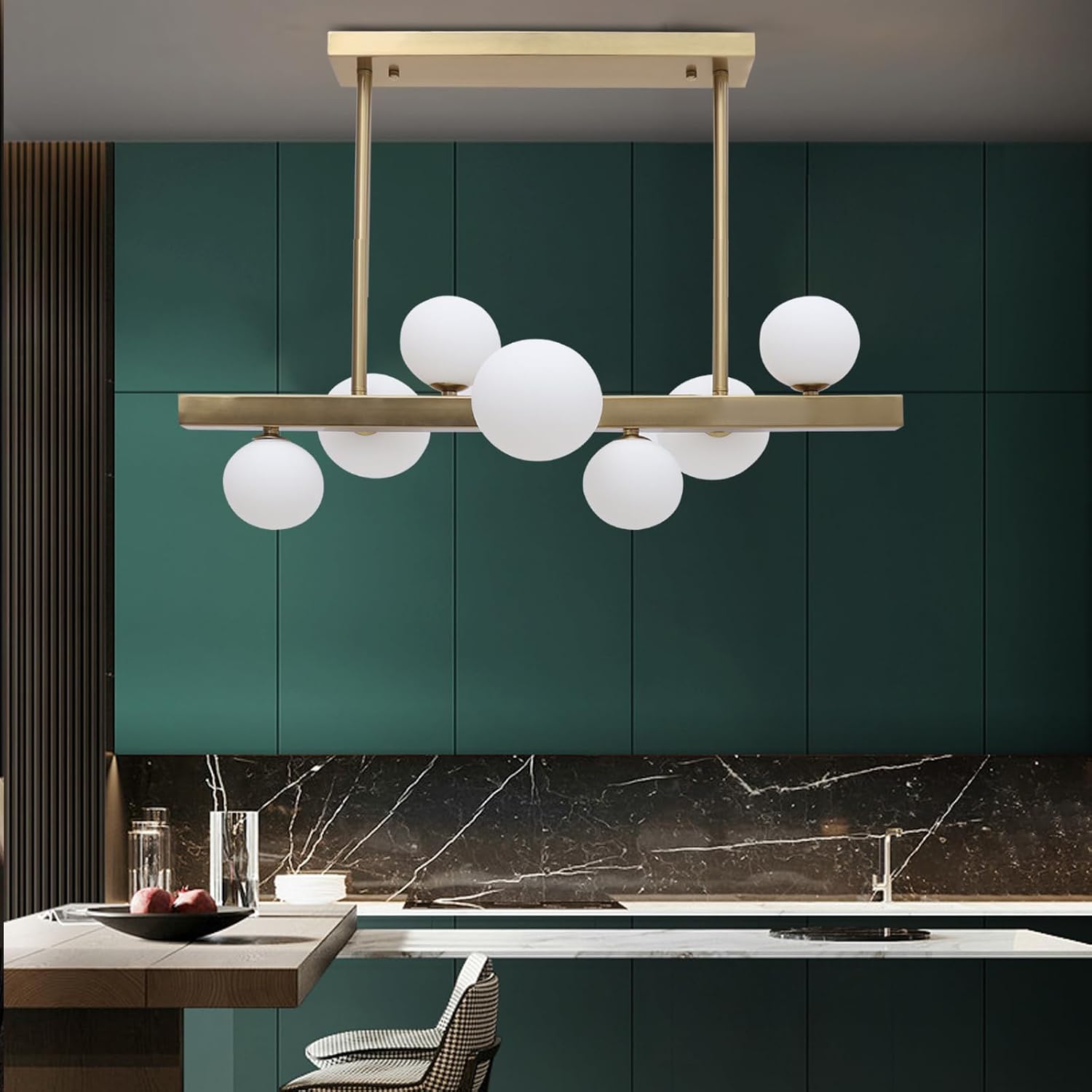 7-Light Linear Bubble Chandelier LampHanging Glass Ball Ceiling Pendant Light 35W for Kitchen, Dining Room, Entryway, Stairway, Cafe, Club, Bar, Restaurant, Library