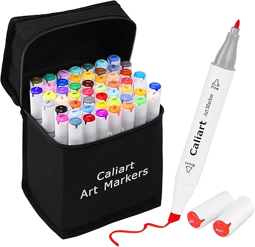 Caliart Marcadores a base de alcohol, juego de marcadores artísticos de doble punta de 52 colores, finos y cinceles, bolígrafos de colores