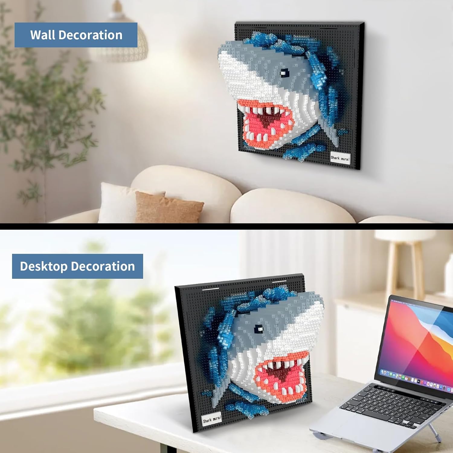 highdar - Juego de decoración de pared en 3D con forma de tiburón, diseño de mini-Blocs de construcción, decoración de pared o mesa única, regalo de cumpleaños creativo para niños y adolescentes (2166