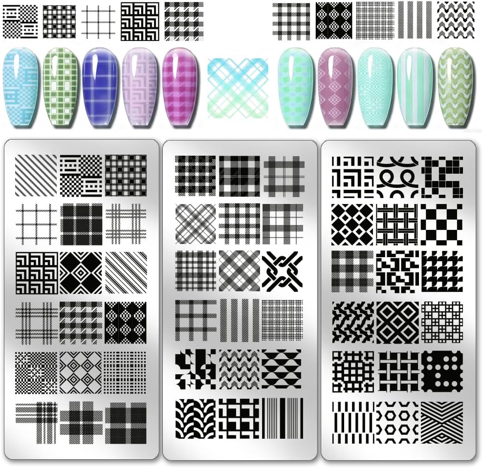 PH PandaHall 3pcs Classic Plaid Pattern Nail Stamp Plate Tartan Nails Art Stencils Stainless Steel Nail Image Plate Plaid Pattern Print Art Template for Women DIY Printing 4.7x2.3 inch