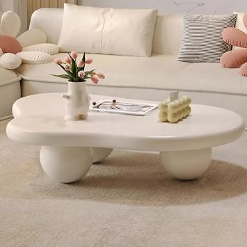 Coffee Table Cloud, Irregular Cloud-Shaped Abstract Coffee Table with 3 Ball Legs Mid Century Modern Boho Unique Cute Cartoon Center Table for Living Room Apartment Small Space,White,46in