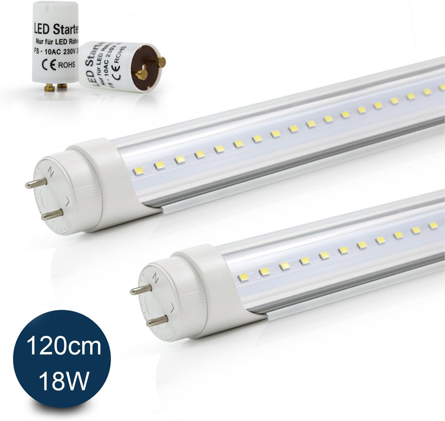 2-Pack Vkele LED T8 Fluorescent Tubes 4FT 120CM Aluminum Heatsink Daylight Natural White 4000k 18W Neon Tubes 36watt replacement for T8 Luminaire lamp bulb ceiling light 1650lm End rotable Clear cover Home Factory Office Lighting incl.Starter [Energy Class A+]