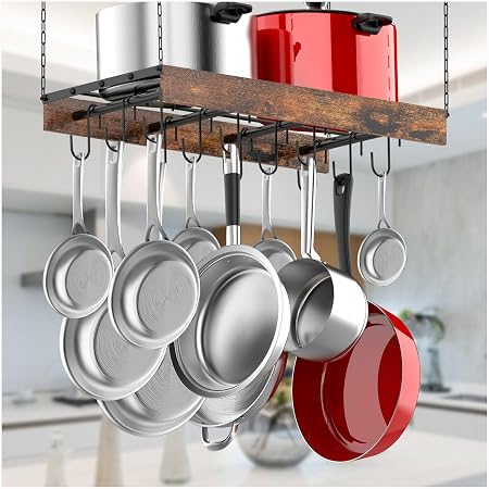 Rogar Half Dome Pot Rack With Grid - Black With Chrome Hooks, 22.25"L X 11"W X 12"H, Space-Saving Kitchen Storage