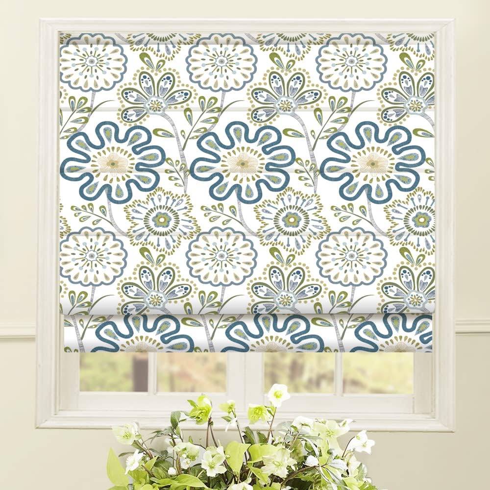 Artdix Cordless Roman Shades Blackout Window Shades Blue Fabric Lined Custom Floral Roman