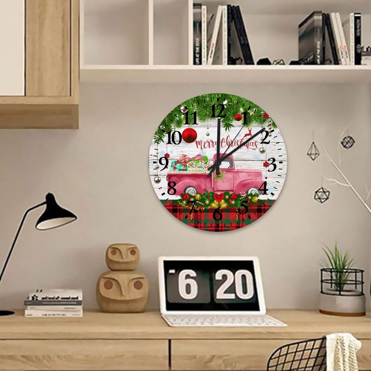 15 Inch Merry Christmas Tree Truck Small Wall Clock Quartz Analog Quiet Christmas Decor Red Truck with Tree Merry Christmas Modern Wood Wall Clock Arabic Numeral Round Clock for Living Room Office