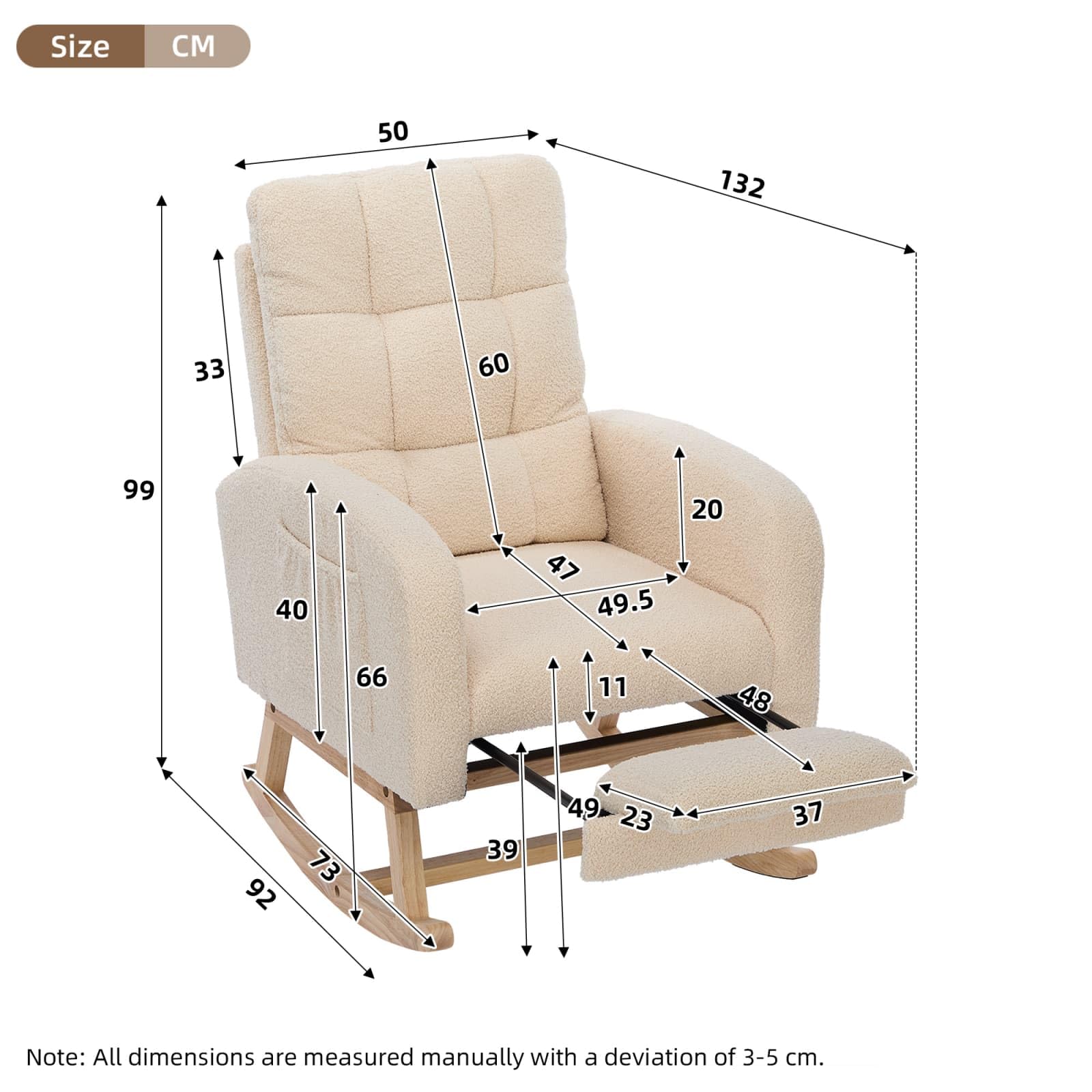 KOMHTOM Fauteuil à Bascule avec Repose-Pieds Escamotable, Rocking Chair en Velours Teddy, Structure en Bois, Poche de Rangement Latérale, pour Salon et Chambre à Coucher