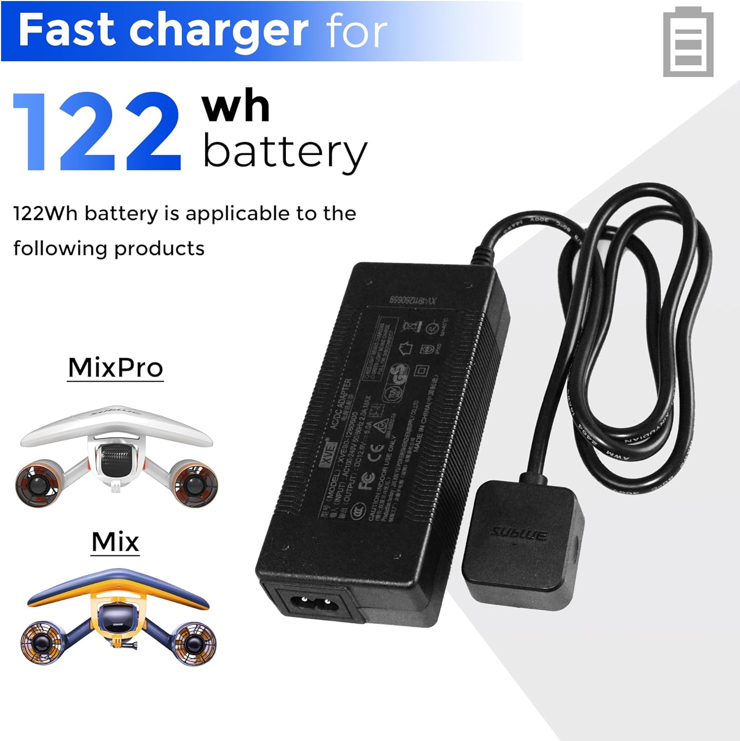 sublue Rapid Charger in 2 Hours for 122Wh Rechargeable Battery of Mix/Mix Pro Underwater Scooter