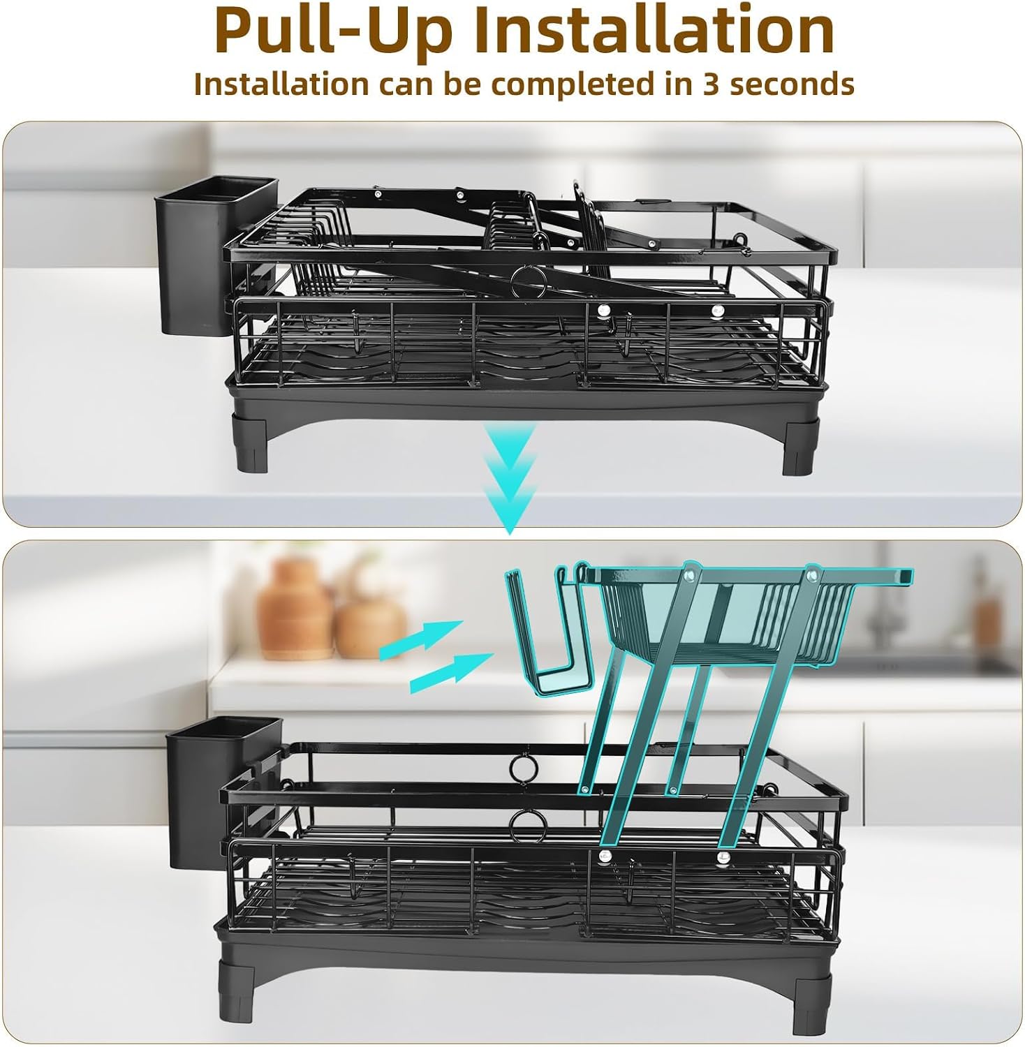 AULEEP 2-in-1 Expandable Dish Racks for Kitchen Counter, 2 Tier Dish Drying Rack, Anti-Rust Large Drainers for Kitchen Sink with Drying Mat, Cups Holder, Utensil Holder, Deep Black, Vine