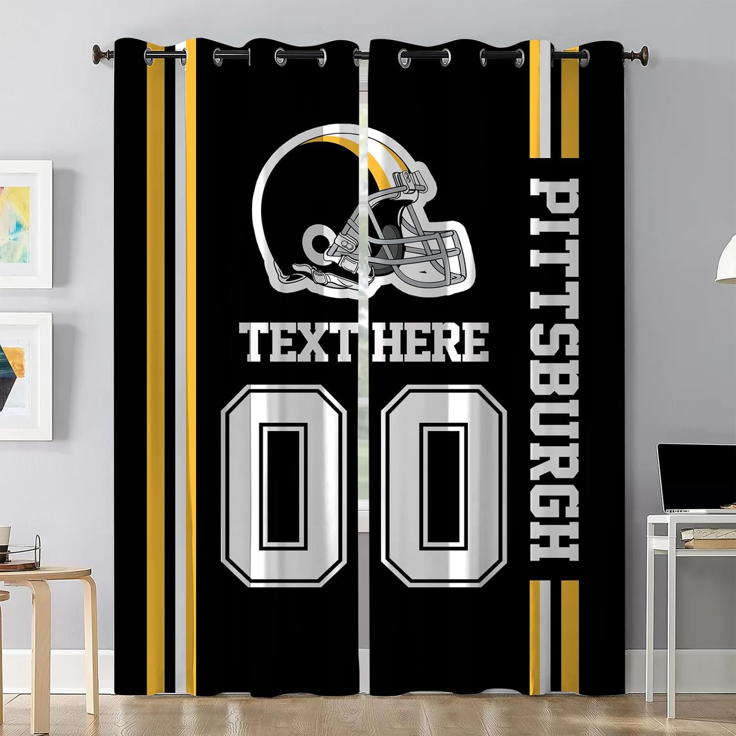 Custom Pittsburgh Blackout Curtains Personalized Curtains Set of 2 Panels Thermal Insulated Room Darkening Bedroom Curtains, Add Name and Number Customized Window Drapes for Living Room Decor