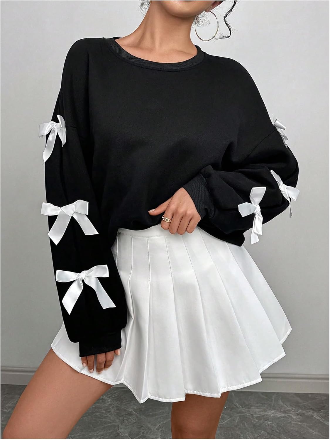 GORGLITTER Women's Bow Crewneck Sweatshirt Long Sleeve Drop Shoulder Coquette Pullover Sweatshirts Top - Image 5