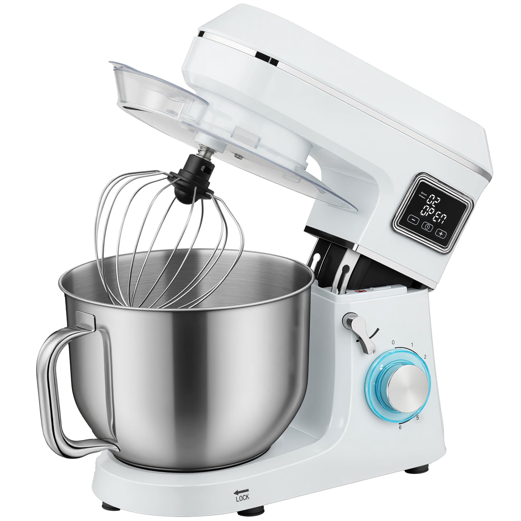 HOMCOM Batidora Amasadora 6L Amasadora de Pan 1400W 6 Velocidades Blanco | LED, Fermentación, Bol de Acero Inoxidable, Batidor, Gancho, Varilla, Protector contra Salpicaduras