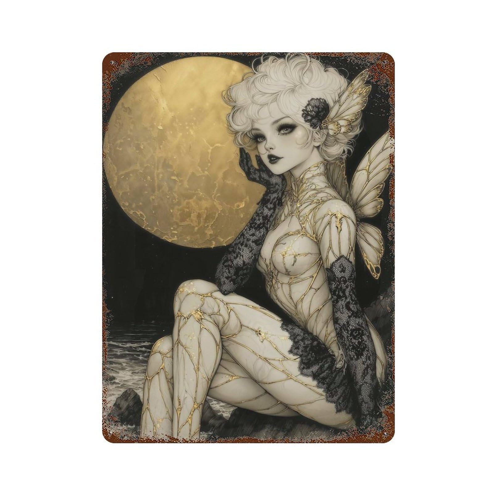 Gothic Kintsugi Fairy Under A Golden Moon Decorative Tin Sign 15.7"x11.8", Retro Wall Decor for Living Room, Hallway And Home Decor