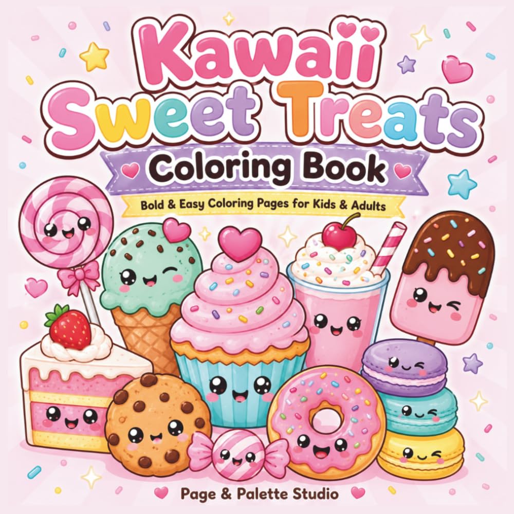 Kawaii Sweet Treats Coloring Book, Bold & Easy Coloring Pages for Kids and Adults: Cute Kawaii Sweets Coloring Pages Featuring Easy Dessert Designs, Candy, Cupcakes, Donuts, Ice Cream, and Cookies