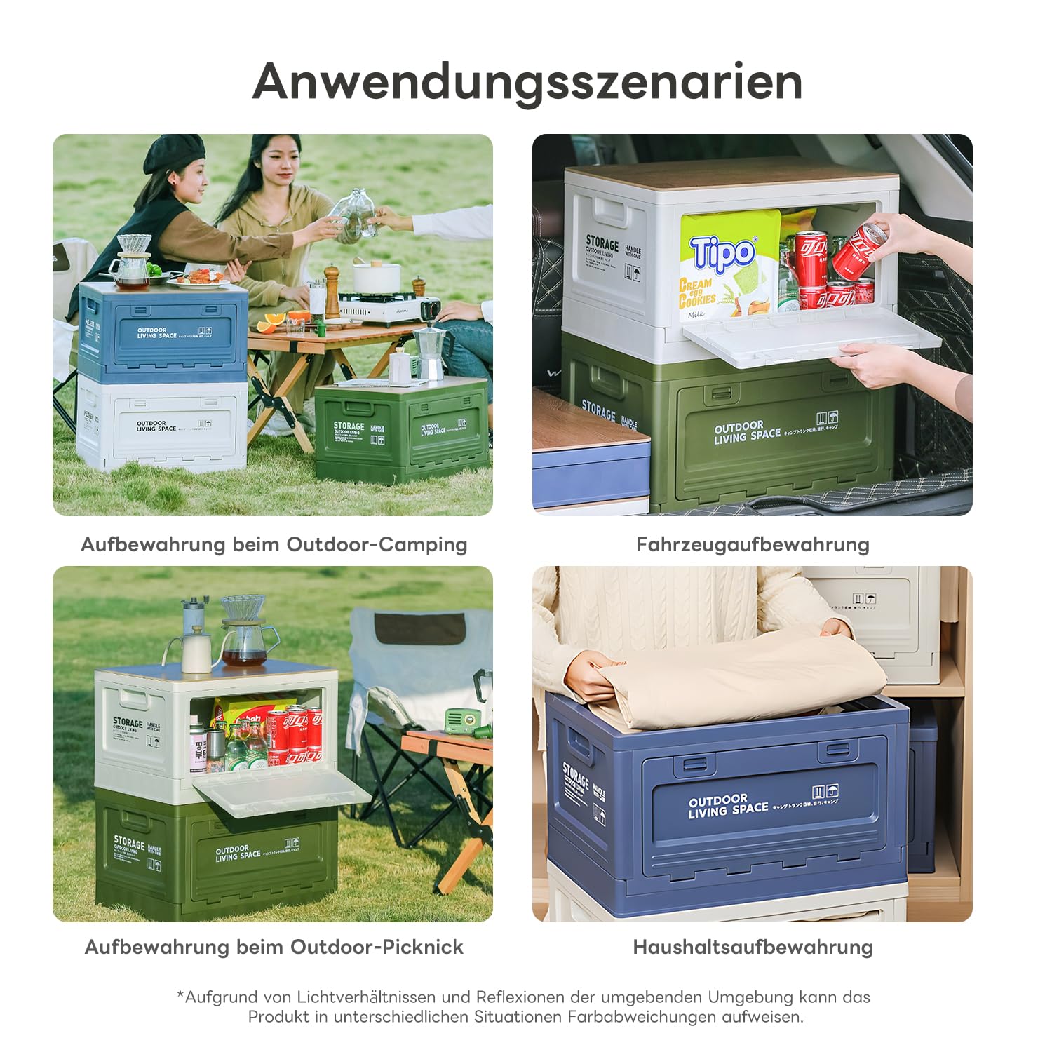 Klappbare Camping-Aufbewahrungsbox mit Deckel, klappbare Aufbewahrungsbox,Klappbarer Lagerbehälter,stapelfähig – für Camping, Outdoor, Kofferraum & Picknick (Weiß-B, 55 L)