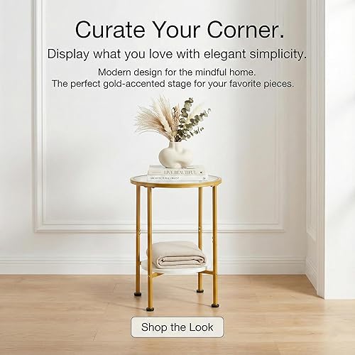 Miniatura 8 de Mesa auxiliar de vidrio templado con estante de almacenamiento para espacios pequeños, mesa redonda de 16.15 pulgadas para dormitorio, mesa auxiliar