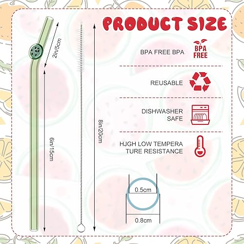 Miniatura 2 de 6 pajitas de vidrio con diseño reutilizables para beber frutas de 0.311 x 0.315in, lindas pajitas reutilizables coloridas para fiestas de frutas, 6