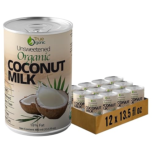 True Organic Leche de coco sin azúcar de 13.5 onzas líquidas, sin goma guar, sin gluten, vegana y kosher, 18% de grasa de leche de coco (paquete de