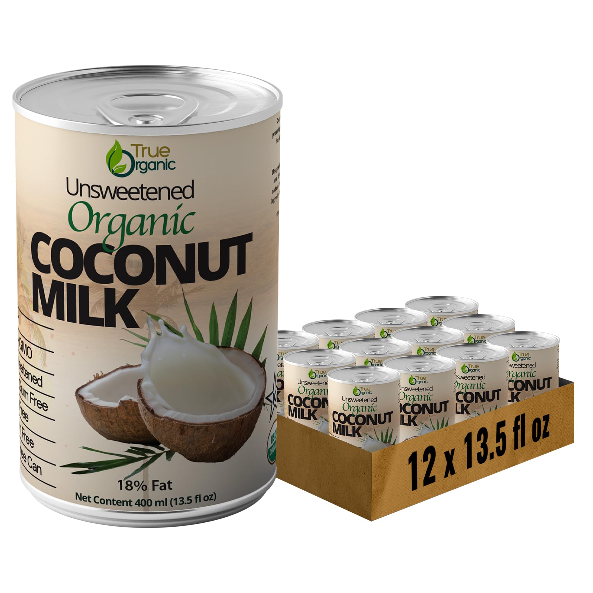 True Organic Unsweetened Coconut Milk 13.5 Fl oz - No Guar Gum, Gluten-Free, Vegan and Kosher - 18% Coconut Milk Fat (12-Pack)