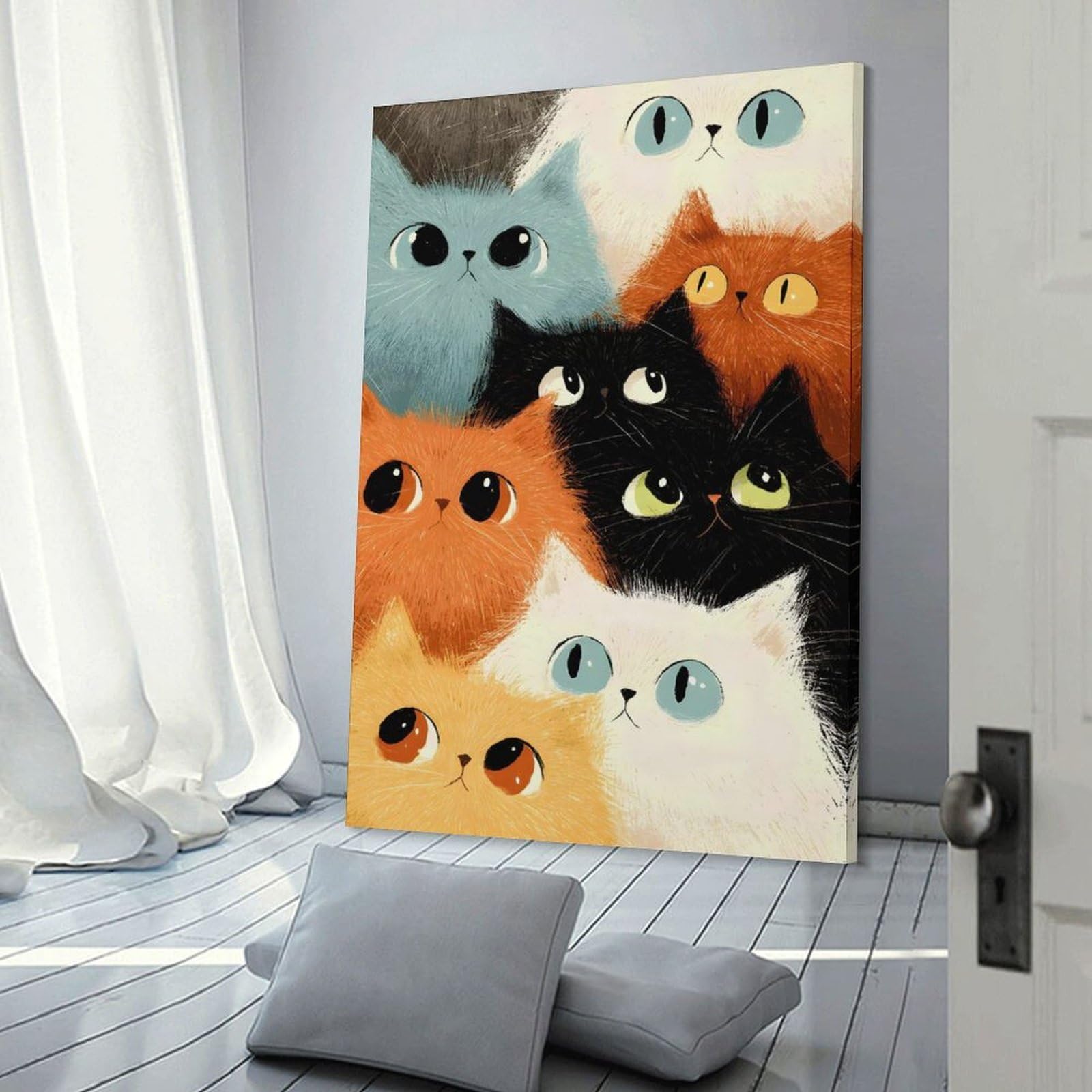 Junmoney Hanging Wall Art Colorful Cats Illustration, 20x30inch(50x75cm), for Work Areas, Reading Rooms Or Studios, Wall Art That Adds Style to Work Areas