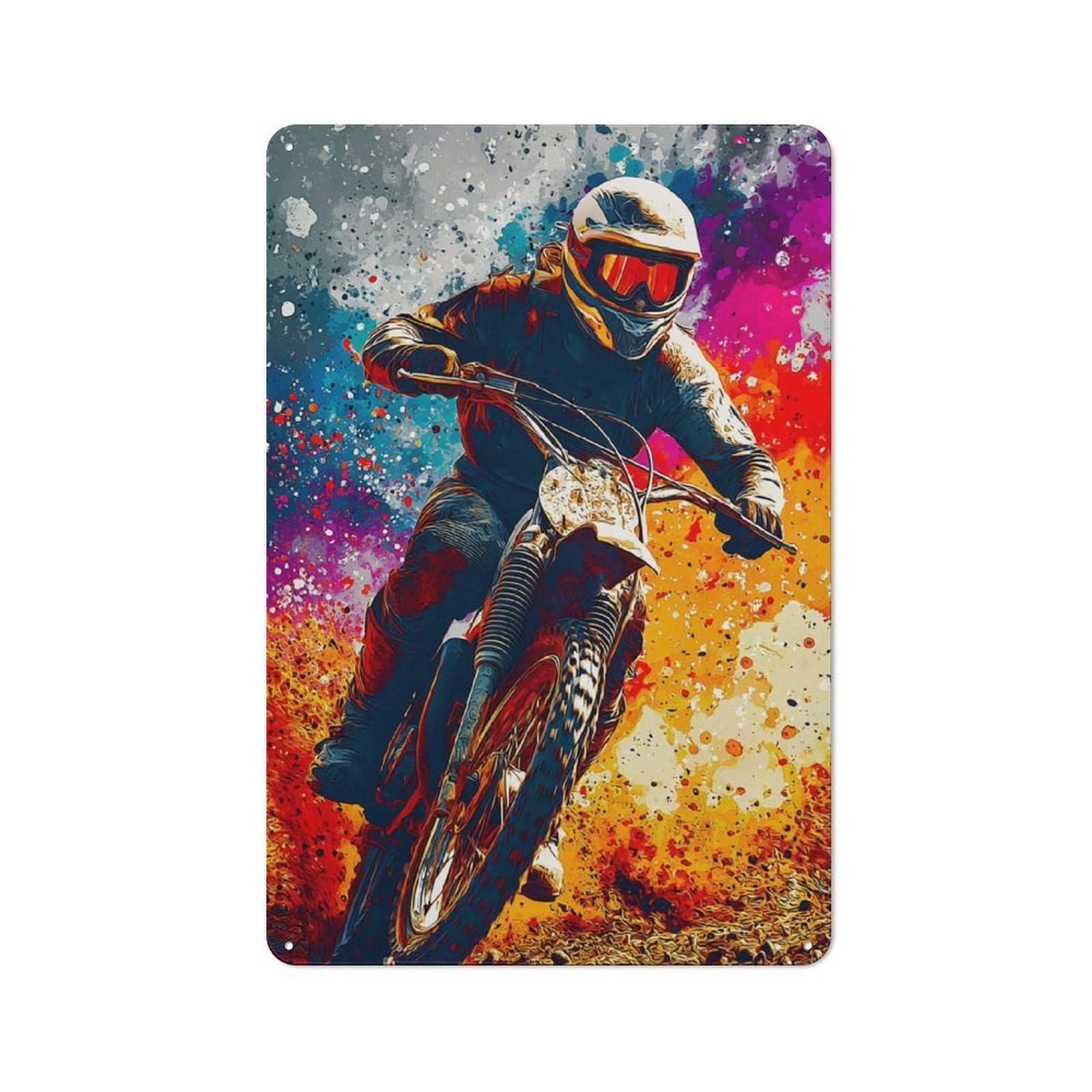 Junmoney Rider In Motion Vibrant Artwork -1 Retro Tin Wall Plaque 30X20cm For Garage Or Workshop, A Metal Wall Feature For Garages And Tool Rooms