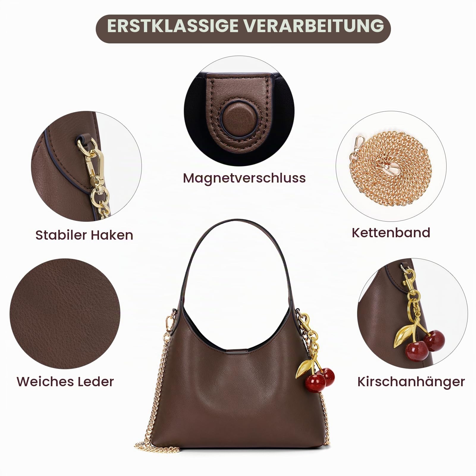 Hobo-Tasche für Damen, klein, Kirschendesign, Schultertasche, Tragetasche aus Kunstleder, modische Handtasche, Umhängetasche mit Kettenriemen